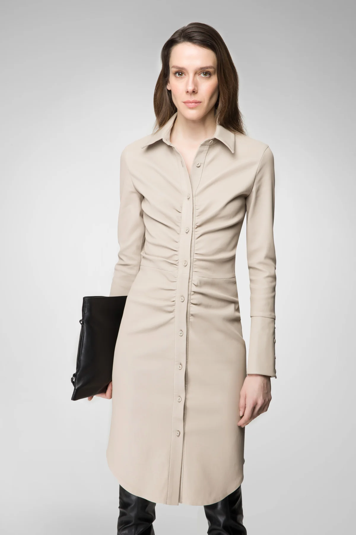 Emily - Stone Beige Leather Dress - Image 4